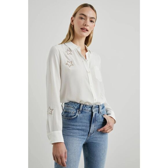NWT'S  $258 Rails Kate  Ivory Eyelet Stars Silk Blouse Long Sleeve Size Small - Picture 3 of 9